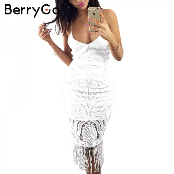 BerryGo White lace dress new year Backless V neck beach summer dress women Hollow out black sexy party dresses tassels vestidos