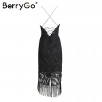 BerryGo White lace dress new year Backless V neck beach summer dress women Hollow out black sexy party dresses tassels vestidos