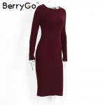 BerryGo Winter split knitted bodycon dress women Sexy long sleeve midi dress 2016 Elegant warm slim sweater dress vestidoes 