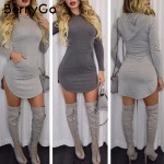 BerryGo Winter warm cotton hooded dress Women pocket long sleeve bodycon dress Sexy slim gray casual short vestidos de fiesta