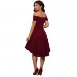 Berydress Elegant Women Plus Size Cocktail Party Skater Dress Off Shoulder with Sleeve Stretchy Burgundy High Low Dresses 2017