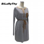 BiLaRyThy Autumn Winter Casual Women Striped Dress Long Sleeve V Neck Loose Mini Dresses femme vestido