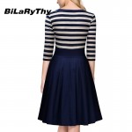 BiLaRyThy New Autumn Winter Fashion Women's O Neck Three Quarter Sleeve A Line Dress Elegant Striped Casual Dresses