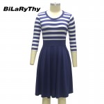 BiLaRyThy New Autumn Winter Fashion Women's O Neck Three Quarter Sleeve A Line Dress Elegant Striped Casual Dresses