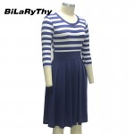 BiLaRyThy New Autumn Winter Fashion Women's O Neck Three Quarter Sleeve A Line Dress Elegant Striped Casual Dresses