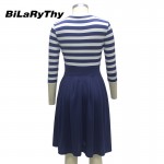 BiLaRyThy New Autumn Winter Fashion Women's O Neck Three Quarter Sleeve A Line Dress Elegant Striped Casual Dresses