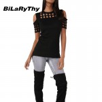 BiLaRyThy Summer Style Women's Casual O Neck Short Sleeve Slim T Shirts Hollow Out Off Shoulder Tops Tees