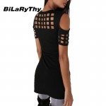 BiLaRyThy Summer Style Women's Casual O Neck Short Sleeve Slim T Shirts Hollow Out Off Shoulder Tops Tees