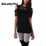 BiLaRyThy Summer Style Women's Casual O Neck Short Sleeve Slim T Shirts Hollow Out Off Shoulder Tops Tees