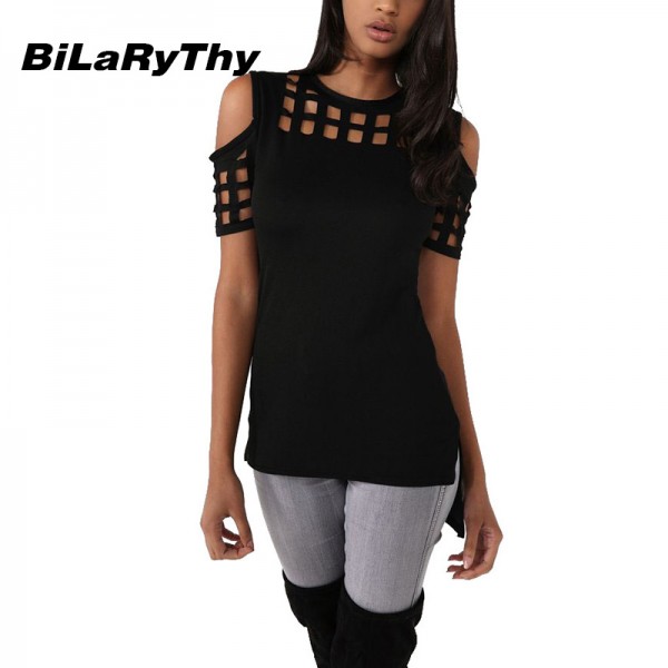 BiLaRyThy Summer Style Women's Casual O Neck Short Sleeve Slim T Shirts Hollow Out Off Shoulder Tops Tees