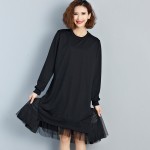 Big Size T-Shirt Women Cotton Patchwork Lace Autumn Solid Fashion Female O-Neck Long Sleeve Casual Basic Black Tops&Tees Dress