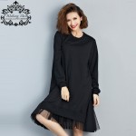 Big Size T-Shirt Women Cotton Patchwork Lace Autumn Solid Fashion Female O-Neck Long Sleeve Casual Basic Black Tops&Tees Dress