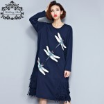 Big Size Women Dress Autumn Style Cotton T-Shirt Dragonfly Print Tassel Casual Fashion Female Long Plus Size  Embroidery Dresses