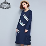 Big Size Women Dress Autumn Style Cotton T-Shirt Dragonfly Print Tassel Casual Fashion Female Long Plus Size  Embroidery Dresses