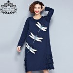 Big Size Women Dress Autumn Style Cotton T-Shirt Dragonfly Print Tassel Casual Fashion Female Long Plus Size  Embroidery Dresses