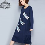 Big Size Women Dress Autumn Style Cotton T-Shirt Dragonfly Print Tassel Casual Fashion Female Long Plus Size  Embroidery Dresses