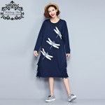 Big Size Women Dress Autumn Style Cotton T-Shirt Dragonfly Print Tassel Casual Fashion Female Long Plus Size  Embroidery Dresses