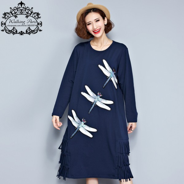 Big Size Women Dress Autumn Style Cotton T-Shirt Dragonfly Print Tassel Casual Fashion Female Long Plus Size  Embroidery Dresses