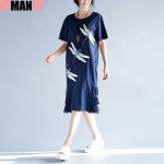 Big Size Women Dress Cotton Dragonfly Print Tassel Summer Style Dresses Short Sleeve Plus Size Female Casual Brand Blue T-Shirt