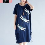 Big Size Women Dress Cotton Dragonfly Print Tassel Summer Style Dresses Short Sleeve Plus Size Female Casual Brand Blue T-Shirt