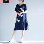 Big Size Women Dress Cotton Dragonfly Print Tassel Summer Style Dresses Short Sleeve Plus Size Female Casual Brand Blue T-Shirt