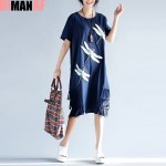 Big Size Women Dress Cotton Dragonfly Print Tassel Summer Style Dresses Short Sleeve Plus Size Female Casual Brand Blue T-Shirt