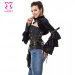 Black Flannel Ruffle Long Sleeve With Belt Steampunk Jacket Women Gothic Bolero Coat Outwear Sexy Corset Burlesque Accessories