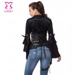 Black Flannel Ruffle Long Sleeve With Belt Steampunk Jacket Women Gothic Bolero Coat Outwear Sexy Corset Burlesque Accessories