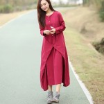 Black Long sleeve Linen Cotton Women long Dress Novelty design Plus size Autumn Winter Dress Mori girl Rope Gown Dresses 3004