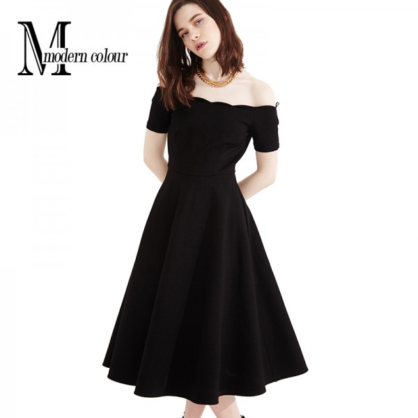 Black Off Shoulder Dress Summer Women 2017 Elegant Short Sleeve Midi Dress Long Sexy Party Dresses New Arrivals European Style