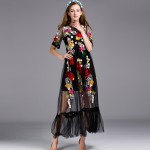 Black Sexy Dress Embroidery Flowers Mesh XXL Summer Early Spring Short Sleeve Translucent 2017 Fashion Daily Women Long Dress