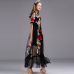 Black Sexy Dress Embroidery Flowers Mesh XXL Summer Early Spring Short Sleeve Translucent 2017 Fashion Daily Women Long Dress