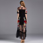 Black Sexy Dress Embroidery Flowers Mesh XXL Summer Early Spring Short Sleeve Translucent 2017 Fashion Daily Women Long Dress