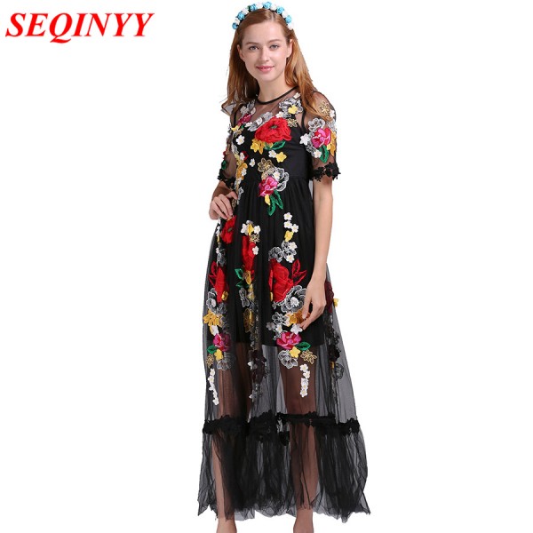 Black Sexy Dress Embroidery Flowers Mesh XXL Summer Early Spring Short Sleeve Translucent 2017 Fashion Daily Women Long Dress