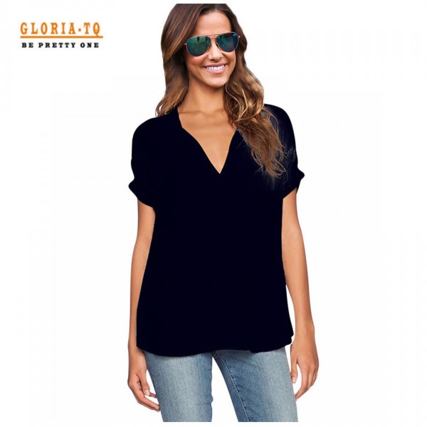 Black T Shirt Women V Neck Oversize Chiffon Top Casual Plus Size T Shirt Women Shirts 2017 T-shirt Female Summer Solid Color Top