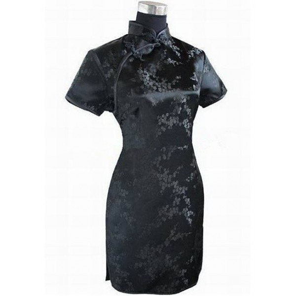 Black Traditional Chinese Dress Mujer Vestido Women's Satin Qipao Mini Cheongsam Flower Size S M L XL XXL XXXL 4XL 5XL 6XL J4039