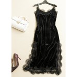 Black Velvet Lace Dress 2017 Summer New High High Grade Fashion Sexy Cultivate Silm Square Collar Spaghetti Strap Midi Dress