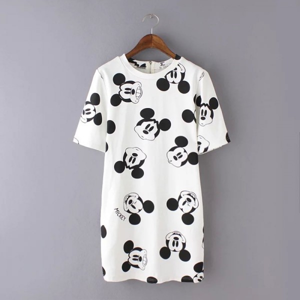 Black and white Mickey printed short-sleeved dress wild bottoming, elastic back zipper women's mini dress