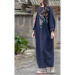 Blue Patchwork Linen Dress Cotton Plus size Women Long Dress Japan Brief Loose Casual Autumn Vestidos Vintage Linen Robe femme