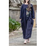 Blue Patchwork Linen Dress Cotton Plus size Women Long Dress Japan Brief Loose Casual Autumn Vestidos Vintage Linen Robe femme