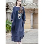 Blue Patchwork Linen Dress Cotton Plus size Women Long Dress Japan Brief Loose Casual Autumn Vestidos Vintage Linen Robe femme