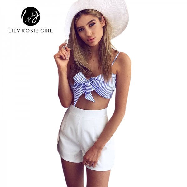 Blue Striped Bow Sleeveless Strap Crop Tops Retro Strappy Bra Sexy Party Girls Top Summer Women Elegant Backless Camis