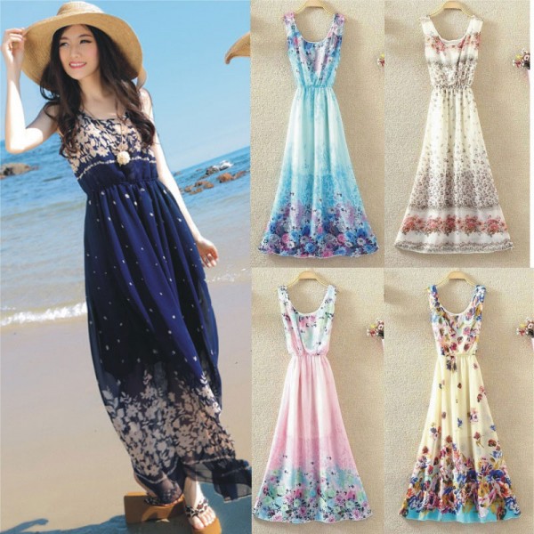 Bohemian Casual Women Summer Maxi Dresses Sleeveless Floral Print Chiffon A-Line Long Beach Dress Vestido De Praia