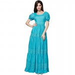 Bohemian Dress High Quality 2017 New Fashion Summer Long Dress Short Sleeve Hollow out Green /Blue Cotton Long Dress