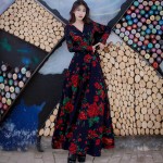 Bohemian Style Print Rose Dress Long Design V-Neck Long-Sleeve Empire Sexy Beach Dress Boho Hippies Women Faldas Top Quality