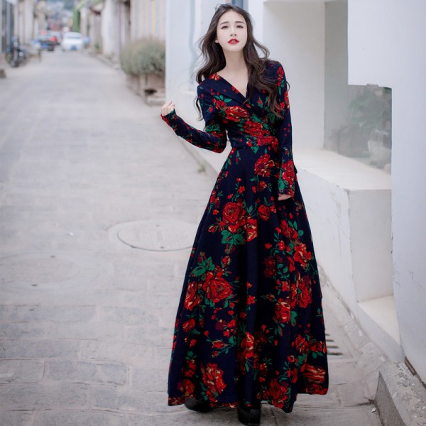 Bohemian Style Print Rose Dress Long Design V-Neck Long-Sleeve Empire Sexy Beach Dress Boho Hippies Women Faldas Top Quality