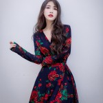 Bohemian Style Print Rose Dress Long Design V-Neck Long-Sleeve Empire Sexy Beach Dress Boho Hippies Women Faldas Top Quality