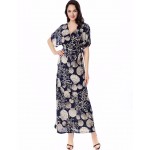 Bohemian Women Summer Long Maxi Beach Dress Deep V Scallops Print Maxi Dress Empire Plus Size Dresses 6XL with Sash