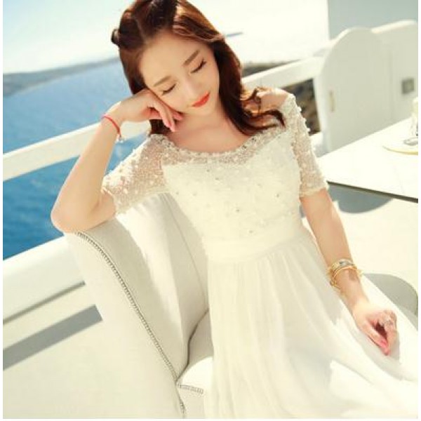 Bohemian Women dressading Chiffon Lace Slim Long Vacation Fairy Dresses White 3359