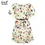 Boho Dress New Arrival Casual Summer Style Womens Chiffon Dresses Crew Neck Beige Batwing Short Sleeve Birds Print Shift Dress